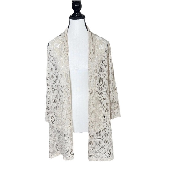 Susan Graver Sweaters - Susan Graver Lace SZ S Open Front Long Cardigan Duster 3/4 Sleeve Beige Romantic